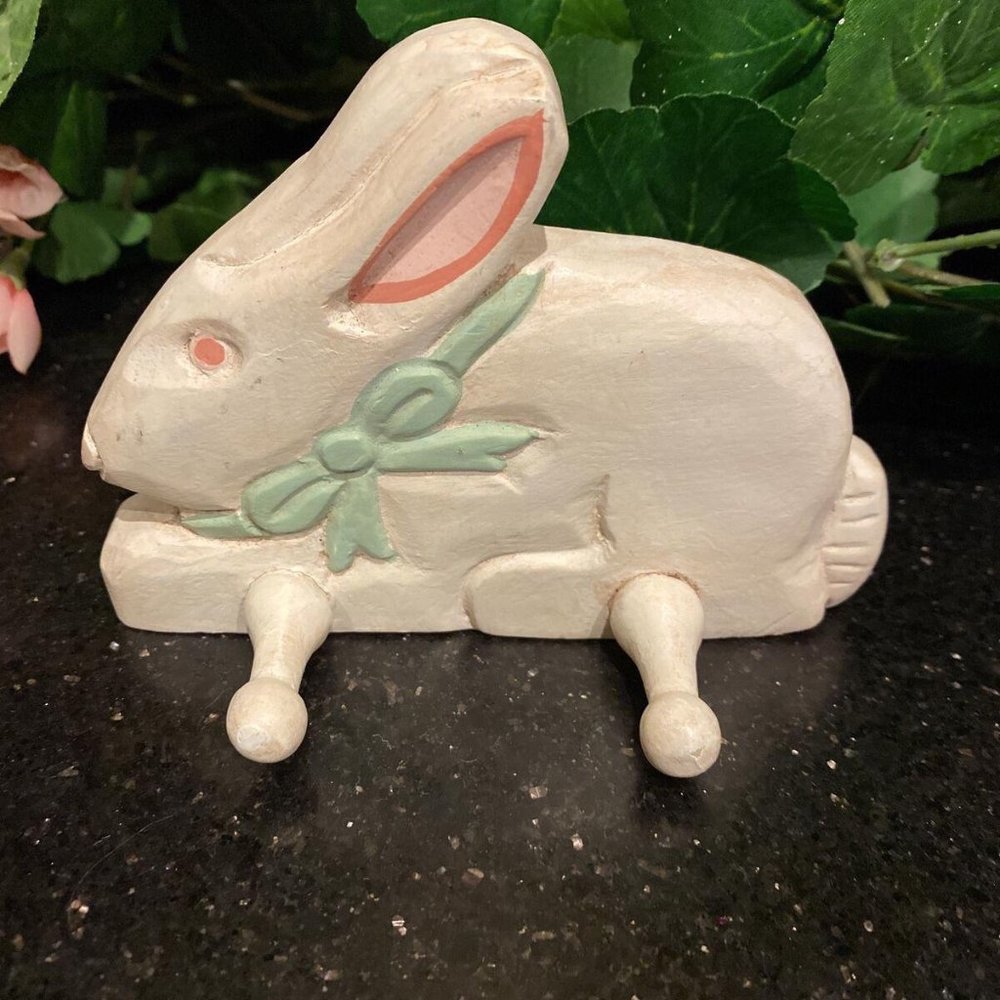 Easter Bunny Carved Wooden Rabbit Primitive Country Silvestri 2 Peg Wall Hanger